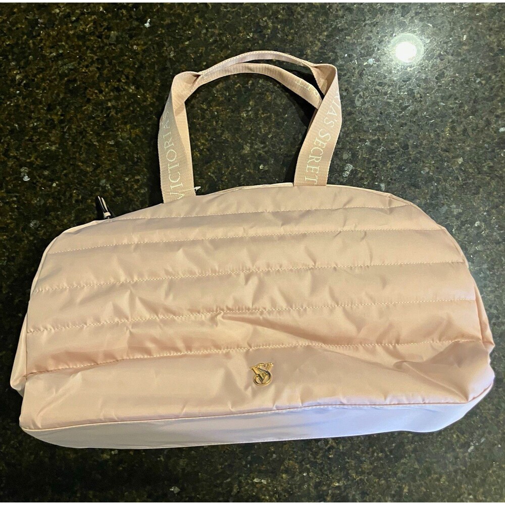 Victoria's Secret Pink Quilted Nylon Large Tote Zip Logo Handles Gold Hardware